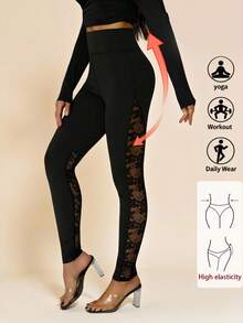 SHEIN Tall Women's Exaggerated Flare Lace Sheer Long Pants,Fall - Black - View 1