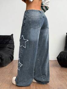 Jeans desgastados con estampado de estrella de estilo atlético y grunge para mujeres - Azul 4 - Ver 2