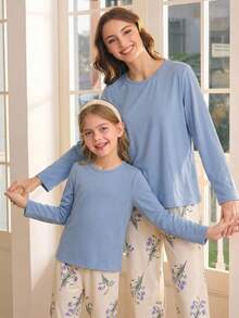 女童休闲柔软针织长袖圆领上衣和宽松印花长裤两件套睡衣 - 淺藍色 - 查看 3