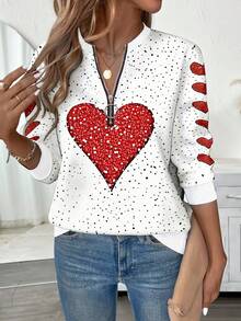 EMERY ROSE 加大码女式爱心波点印花拉链圆领卫衣 - 彩色 - 查看 3