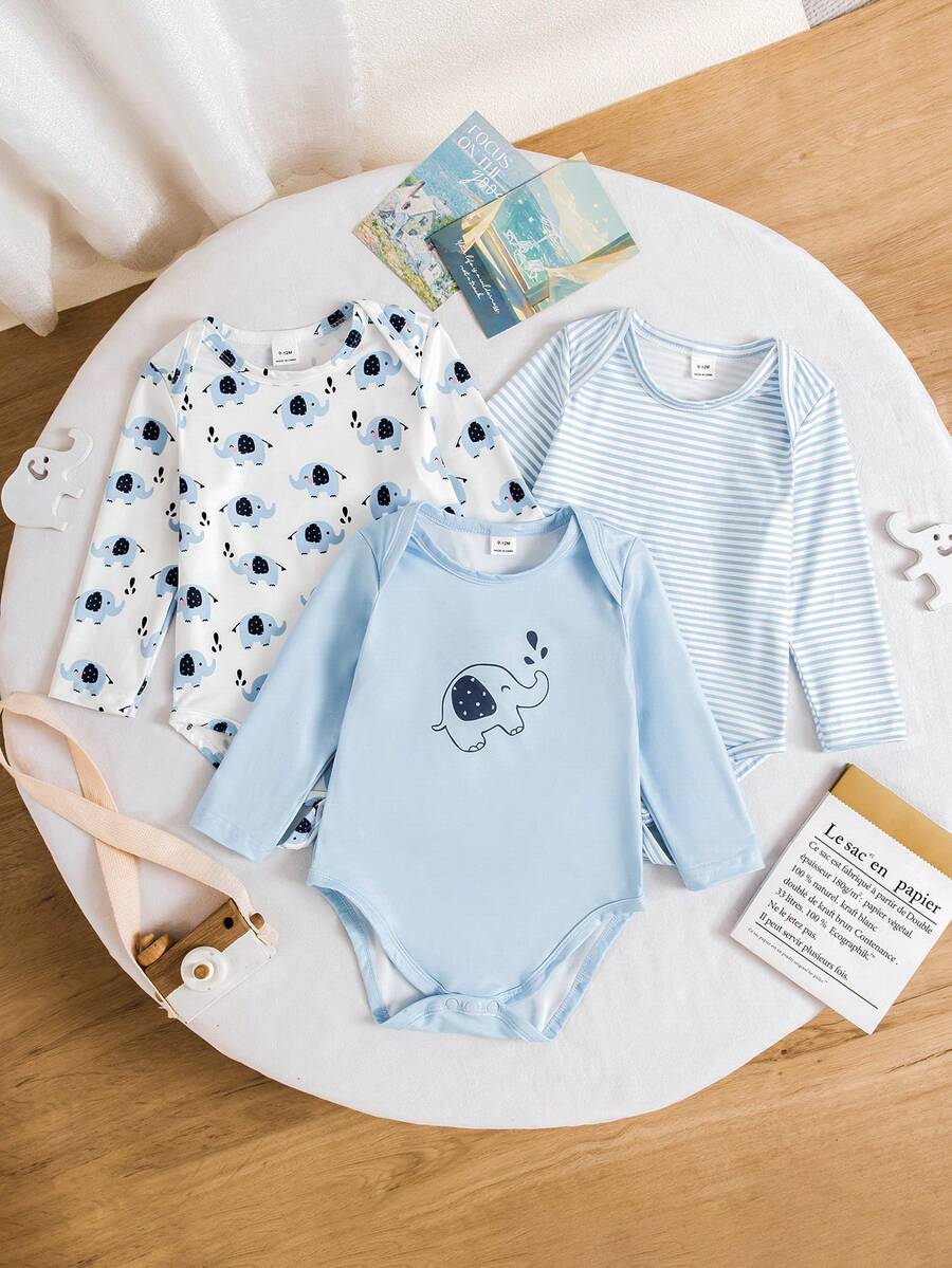 SHEIN Playful Pals 3 Pack Baby Boys Cute Casual Outfits Cartoon Elephant Animal Graphic Print Blue White Striped Pattern Solid Color Long Sleeve Envelope Neck Bodysuits Romper One Piece Jumpsuit Tops Soft Stretchy Infant Daily Playwear Clothes Shower Gift Spring Autumn - Baby Blue - View 1
