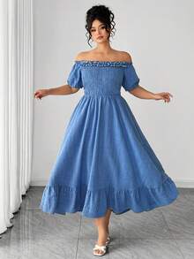 Elenzga 大码女装夏季新款珍珠荷叶边露肩泡泡袖收腰优雅连衣裙，适合约会、下午活动、度假、城市漫步、朋友聚会等场合。 - 藍色 - 查看 4