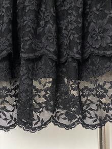 SHEIN Unity Đầm nữ mùa thu/đông không tay phong cách punk rock tối màu với cổ áo xếp nếp, trang trí đục lỗ và họa tiết in hình đồ họa. - màu đen - Xem 6