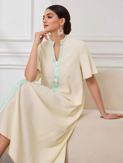 Al Najma 女士优雅纯色串珠刺绣立领短袖阿拉伯长裙，适合日常穿着