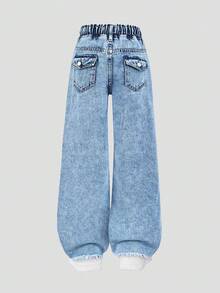 Fashionable Medium Wash Elastic Waist Blue Denim Jeans For Tween Girls, Suitable For Everyday Wear - Medium Wash - View 2