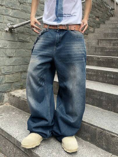 SHEIN Tween Boy Fashion Casual Y2k Vintage Cool Street Returns To School College Basic Simple And Comfortable Blue Denim Loose Jeans For Kids Clothes Tween Boy Soft Dailywear And Kids Winter And Fall Rave Outfits Festival And Outfits Streetwear Clothes Vintage Washed Denim Jeans Wide Leg Jeans