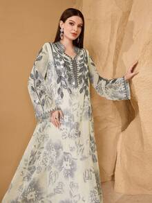 Layrah 复古优雅花卉印花拼接荷叶边领宽松长袖奢华连衣裙，女士款 - 彩色 - 查看 7