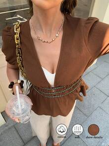 Elyressa Women's Casual Deep V-Neck Short Sleeve Shirt - Brown - View 1