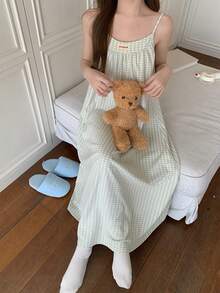 DAZY 绿色清新格子字母印花装饰宽松吊带中长款女士睡裙 - 綠色 - 查看 4