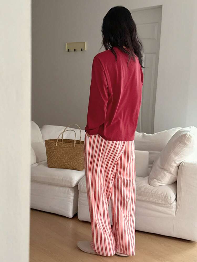 2pcs Women Loose Graphic Print Crew Neck Long Sleeve T-Shirt And Striped Pants Pajama Set