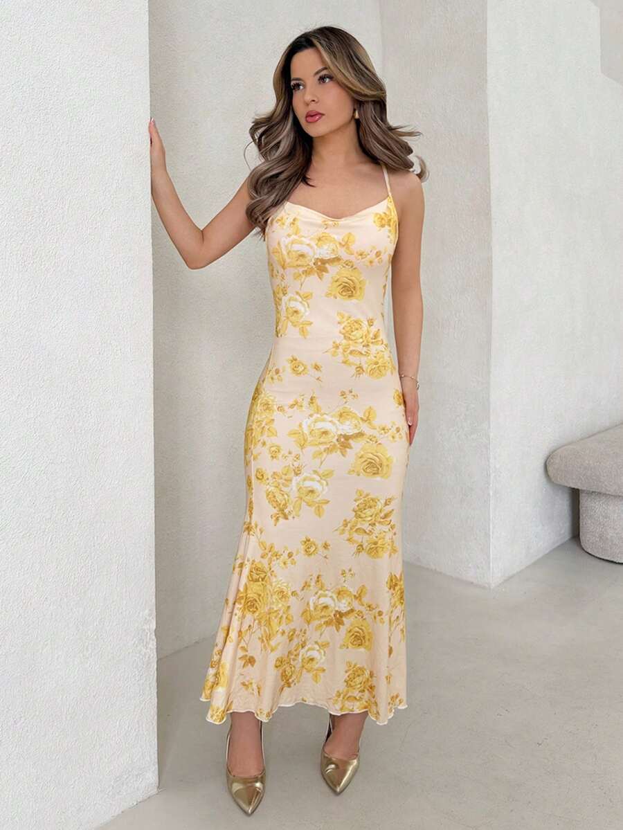 Jemour Vintage Yellow Floral Print Draped Neck Maxi Dress For Women, French Style Summer Boho Suitable For Going Out Chic Dress - Multicolor - View 1