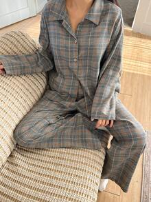 DAZY Plaid Print Button Front Long Sleeve Top And Pants Loose Women Pajama Set - Grey - View 3