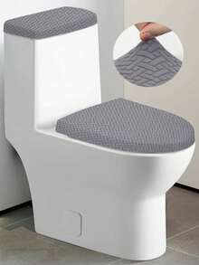 1 Set Solid Color Jacquard Knitted Toilet Seat Cover And Tank Cover, Stretch Toilet Seat Cover Set For Bathroom, Fits Small Size Toilet Tank And Lid, Home Decor - Dark Grey - View 1