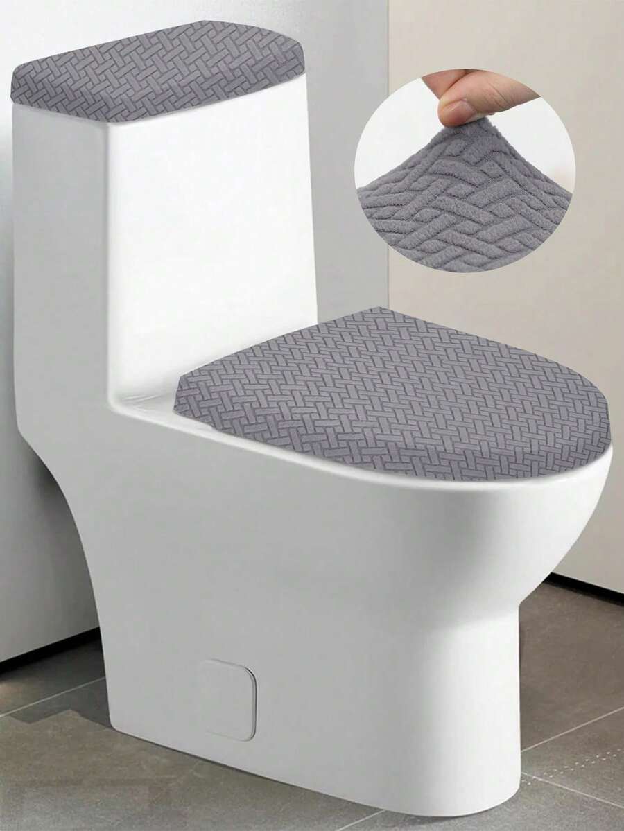 1 Set Solid Color Jacquard Knitted Toilet Seat Cover And Tank Cover, Stretch Toilet Seat Cover Set For Bathroom, Fits Small Size Toilet Tank And Lid, Home Decor - Dark Grey - View 1