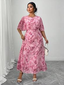 Modelyn Vestido de mujer talla grande con diseño elegante y romántico, estampado floral de gasa, cuello redondo, mangas tipo murciélago y diseño de cintura - Rosa - Ver 5