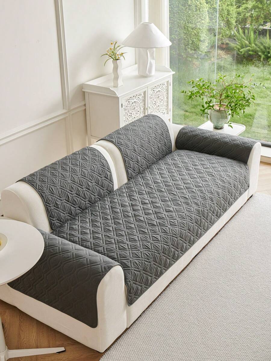 灰色棋盘格沙发套 防水防滑 坐垫保护 现代家居装饰 弹力贴合 可机洗 四季皆宜 - 深灰色 - 查看 1