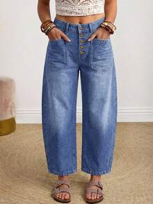 EMERY ROSE Women's Button Front Pocket Relaxed Fit Straight Leg Jeans - Blue - View 3