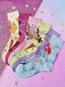 The Winx X SHEIN 3双装女士/女孩不配对袜子，柔软透气吸湿，休闲中筒袜，甜美卡通图案，时尚可爱糖果色船袜，加固袜头和袜跟，经久耐穿，四季皆宜，夏季/冬季百搭，图案袜子，Y2K风格 - 彩色 - 查看 5