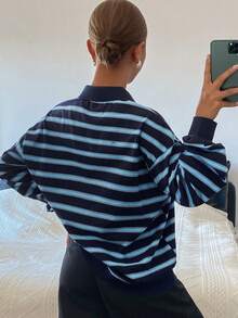 DAZY Women's Loose Fit Contrast Striped Polo Collar Long Sleeve Pullover Casual Top, Spring/Autumn - Blue - View 2