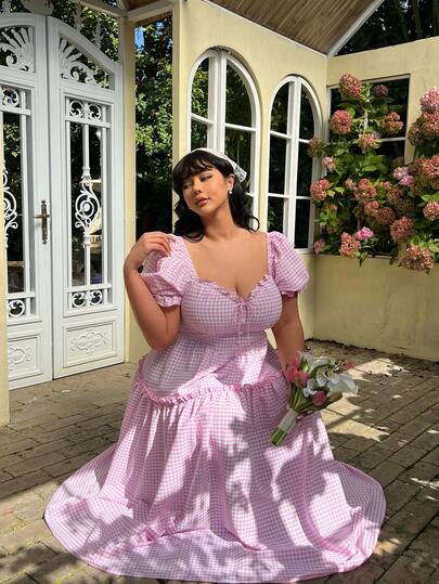 Lyrianda 大码格子荷叶边连衣裙，春夏款