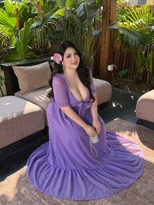 Vibekara 大码女装春夏新款扭结设计连衣裙，短袖提花雪纺优雅浪漫连衣裙，适合婚礼、正式场合、长款连衣裙，宽松版型。 - 紫色 - 查看 7