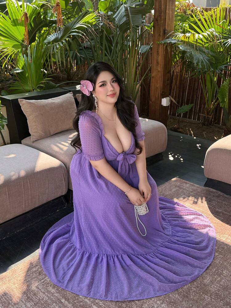 Vibekara Vestido de mujer de talla grande con diseño de giro para primavera y verano, vestido elegante y romántico de gasa jacquard con textura y manga corta, adecuado para boda, vestido formal, vestido largo de verano, vestido de ajuste relajado - Morado - Añade 7