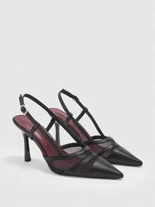 CUCCOO BIZCHIC 优雅女士露跟高跟鞋，网眼拼接T字带设计，尖头细高跟鞋 - 黑色 - 查看 6