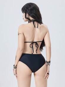 ROMWE Women's Solid Color Keyhole Tie Front Sexy Bikini Swimwear Set, Summer Beach Gothic Swimwear Goth Bikini Gothic Bathing Suit Emo Bikini Studded Bikini Goth Bathing Suits For Women Gothic Bikini Women's Corset Women's Corset - Black - View 2