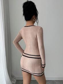 Selianne 2pcs Women's Casual Elegant Commuter Sweetheart Collar Contrast Trim Knit Top And Skirt Set, Spring/Summer - Apricot - View 2