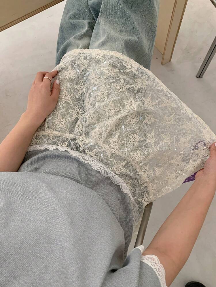 Dazy Plus Plus Size Lace Sheer Star Pattern Versatile A-Line Skirt Summer
