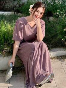 Dazy Plus Purple V-Neck Short Sleeve Loose Casual Long Dress, Spring/Summer - Purple - View 2