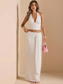 SHEIN BAE 白色波点深V领露背上衣搭配飘逸长裙，适合派对、鸡尾酒会、生日礼服、伴娘礼服、婚礼宾客着装、早午餐礼服、优雅连衣裙 - 白色 - 查看 6