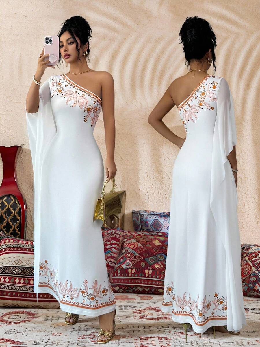 Rafferiza Women's Spring/Summer/Autumn Middle East Off-The-Shoulder Printed Splice Net Dress, Slim And Elegant, Flow And Majestic Long Dress - White - View 1