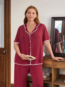 Doze Lane Plus Size Casual American Style Turndown Collar Short Sleeve Loose Soft Pajama Set - Burgundy - View 4