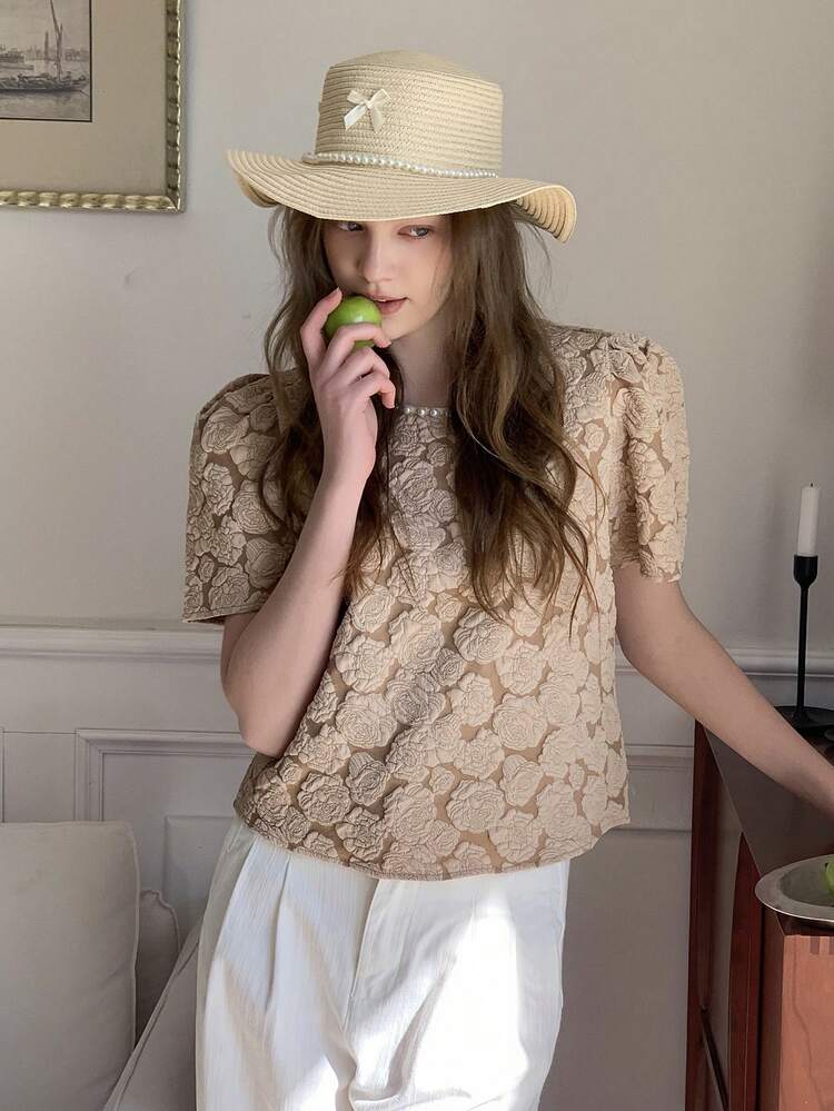 Teen Girls' Fashion Casual Faux Pearl Decorated Short Sleeve Blouse Spring Summer