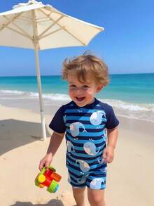 Baby/Toddler Boys' 2-Piece Swimsuit Set, Raglan Sleeve, Whale & Striped Print Swimwear - Multicolor - View 3