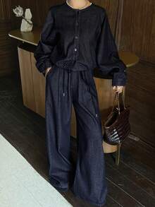 Livesso 女士休闲插肩袖宽松上衣和宽松牛仔裤套装 - 深色水洗藍 - 查看 6