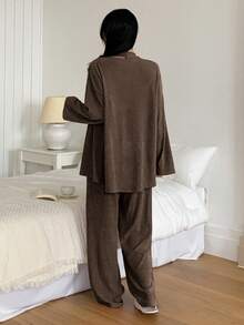 DAZY Bộ 3 món đồ mặc nhà cho nữ gồm áo choàng dệt kim gân, áo hai dây và quần dài, thích hợp cho mùa đông. - màu nâu - Xem 2