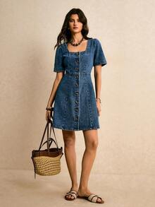 Poéselle 女士优雅法式泡泡袖收腰A字迷你连衣裙 - 中等水洗藍 - 查看 5