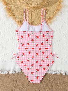 SHEIN 女童樱桃印花连体泳衣，肩带可调节，蝴蝶结设计，甜美可爱又优雅，适合度假、海滩、泳池、冲浪和沙滩等场合。 - 粉色 - 查看 2