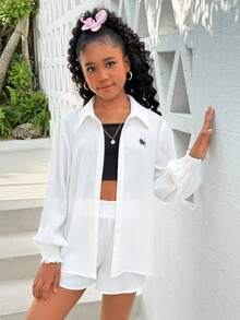 SHEIN Tween Girls' Casual 2-Piece Loose Outfit Set: Fashionable, Elegant, Versatile - White Long Sleeve Cardigan Shirt Top And Shorts Set, Spring/Summer - White - View 5
