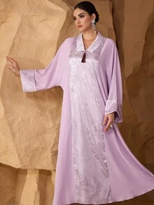 Al Najma 女士复古优雅浅紫色流苏领饰缎面提花宽松长袖长袍 - 淡紫色 - 查看 5