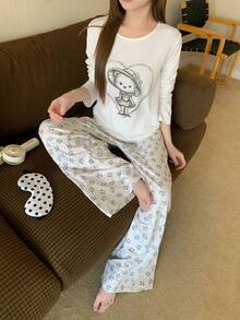 DAZY Cartoon Print Loose Women Pajama Set, White - White - View 1