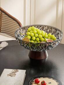 大容量水果盘，客厅派对糖果盘，甜点盘，零食盘，可重复使用仿木纹底座，带排水孔，防震 - 透明灰+木紋底座 - 查看 4