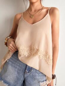 Freevana 波西米亚风V领吊带蕾丝拼接宽松雪纺上衣，轻盈飘逸，休闲百搭，杏色 - 杏色 - 查看 5