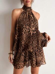 Freevana Vestido mini con estampado de leopardo, con escote halter y espalda descubierta, adecuado para vacaciones de verano - Marrón - Ver 6