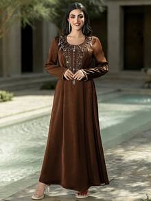 Layrah Coffee Brown Satin Handmade Beaded Embellished Arabic Style Maxi Dress