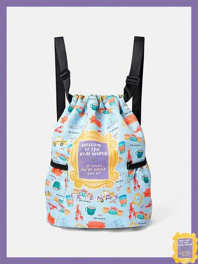 FRIENDS X SHEIN Cartoon Pattern Drawstring Bag, Sport, Fitness, Travel, Swimming, Beach Sport Backpack, Gym Bag, Unisex & Kids Gym Accessories
