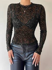 Siren Gaze 女士春季黑色花卉亮片蕾丝圆领长袖透视性感上衣，黑色蕾丝长袖上衣，黑色透视上衣，夏季上衣，春季女装，情人节，女士嘉年华服装，亮片上衣，黑色上衣 - 黑色 - 查看 7