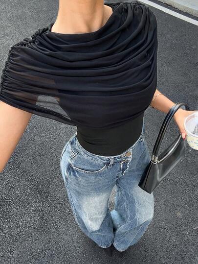 Siren Gaze Black Mesh Shawl Collar Top, Elegant Women's Outerwear Top